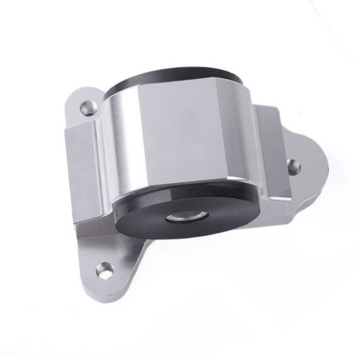 Silver engine mount with black rubber bushing and two mounting ear brackets