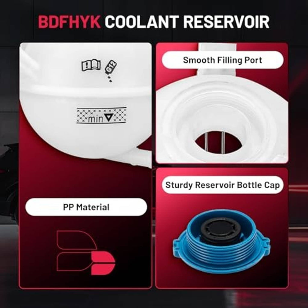 Coolant reservoir details: white tank, filling port view, and blue cap close-up