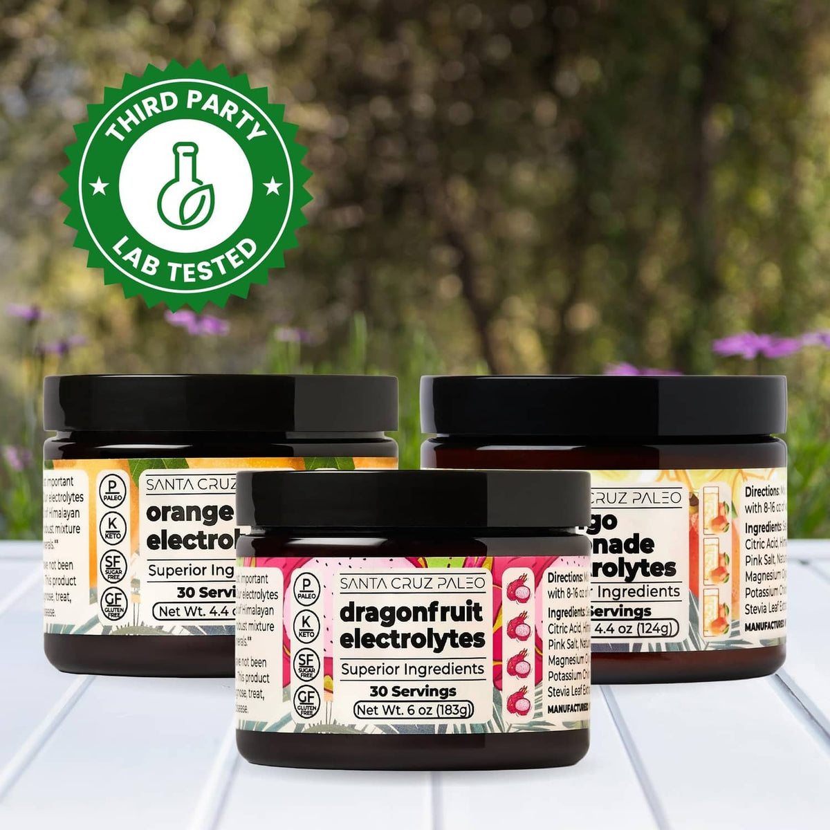 Third-party lab tested seal on Santa Cruz Paleo electrolyte jars
