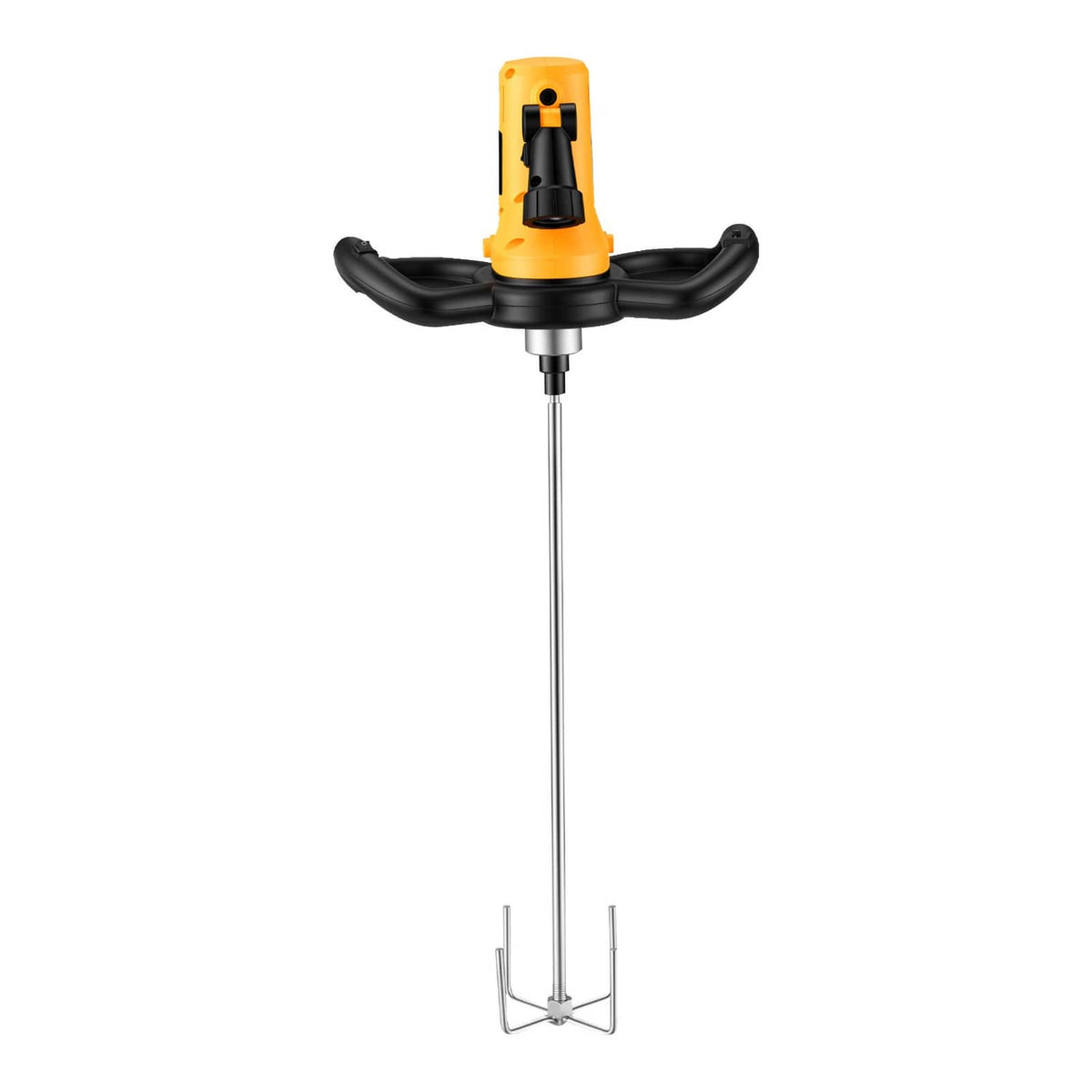 Electric concrete mixing trowel with long metal rod attachment and yellow motor head