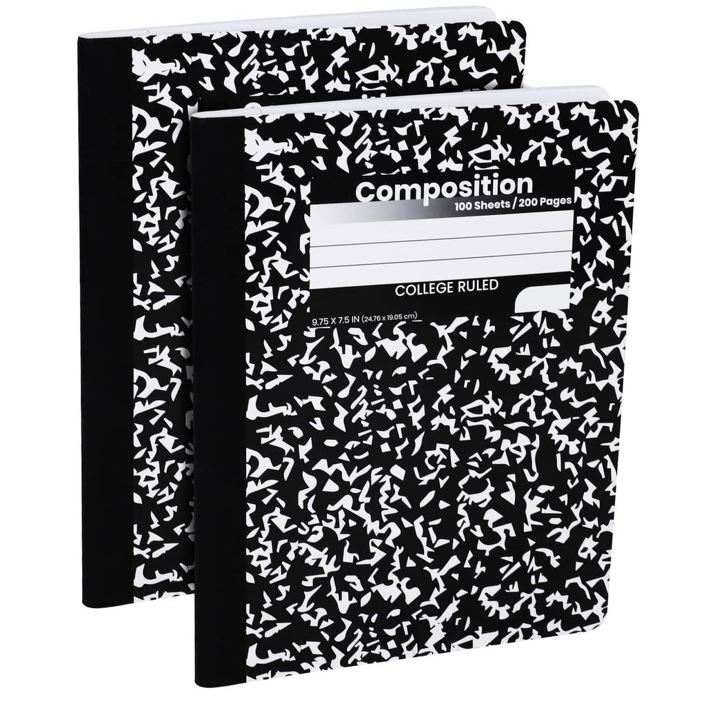 Black composition notebooks, hard cover, college-ruled pages, black-and-white cover print