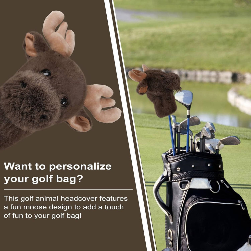 Brown moose plush golf driver headcover held up, showing antlers and stitched eyes