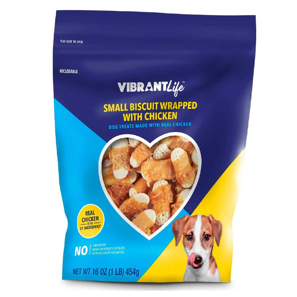 VibrantLife chicken dog treat bag with heart window showing biscuit treats