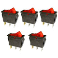 Set of three red rocker on-off switch SPST units with 3-pin terminals