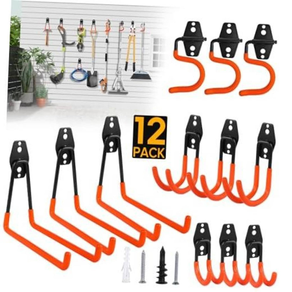 12-pack heavy-duty wall hooks with black plates and orange U-shaped arms
