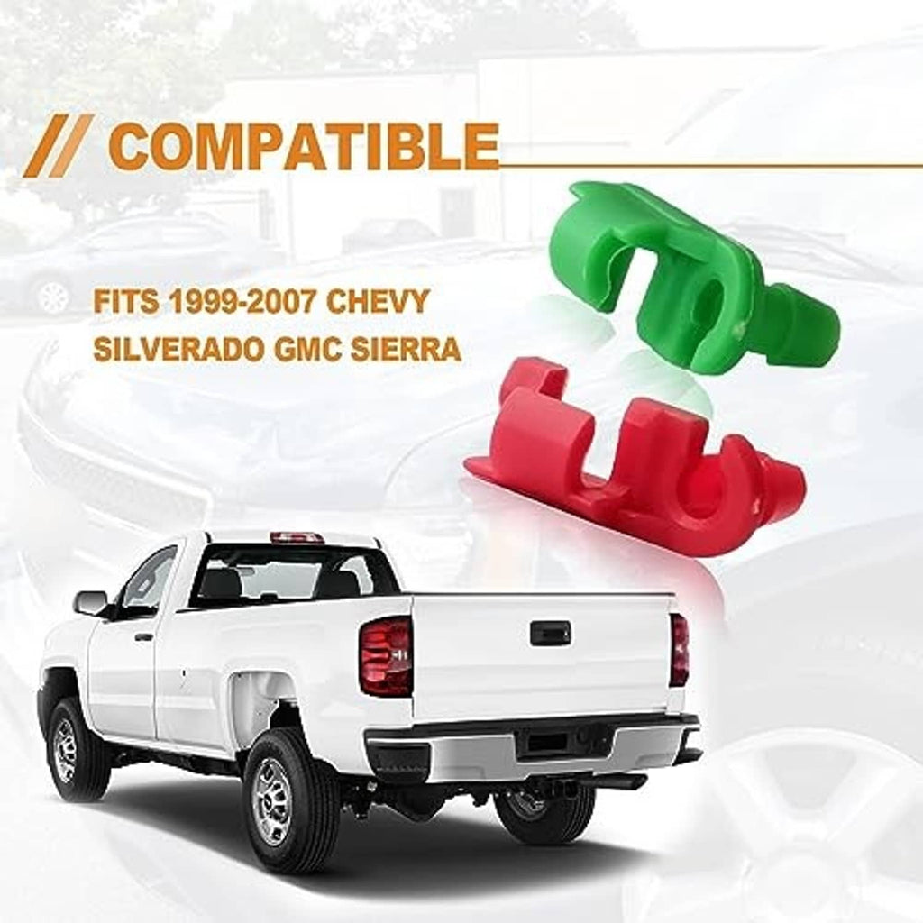 Tailgate handle rod retainer clips, green and red plastic left/right pair