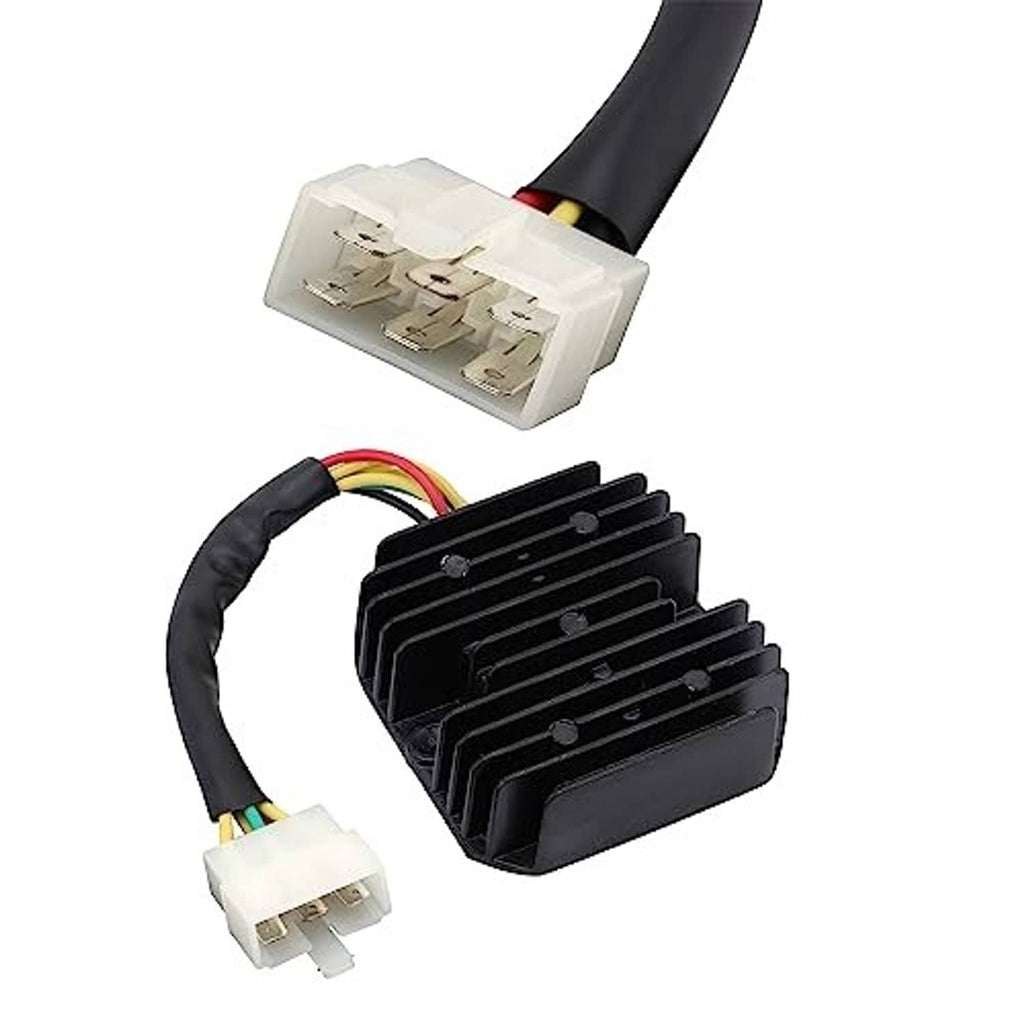 6-pin voltage regulator rectifier with black finned heatsink and white connector plug