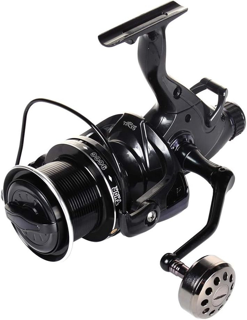 Black bait runner spinning fishing reel with metal spool and long crank handle