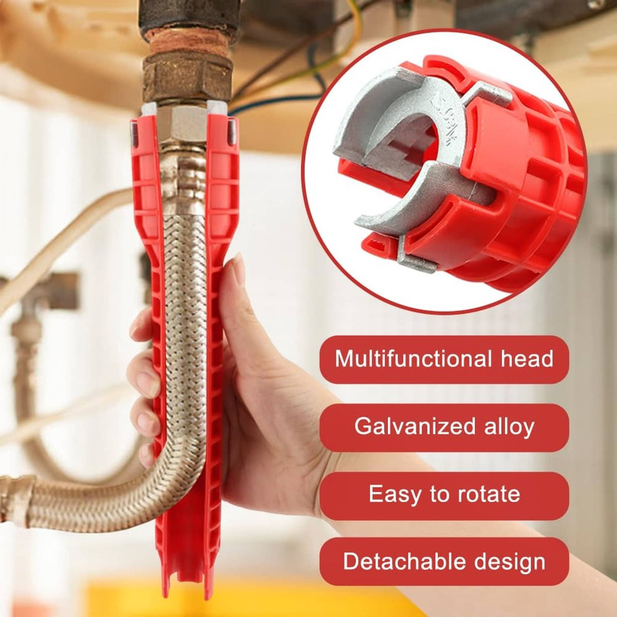 Red wrench head with galvanized metal insert and rotating adjustable clamp slots