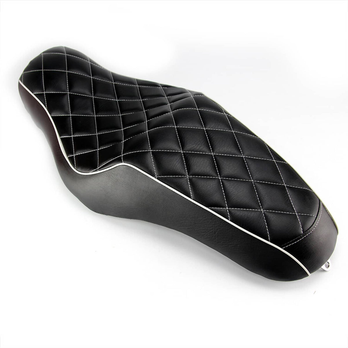 Black two-up motorcycle seat with diamond-quilt stitching and white trim