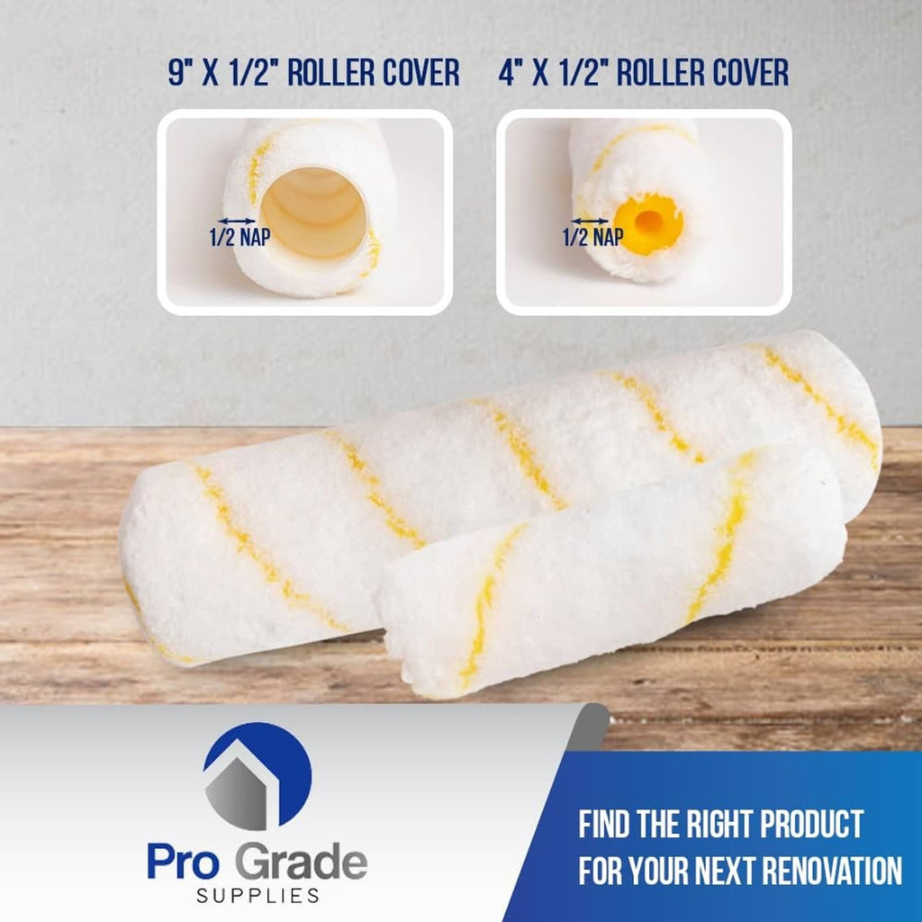 Roller covers with 1/2 in nap, yellow-striped microfiber sleeves for paint rollers.