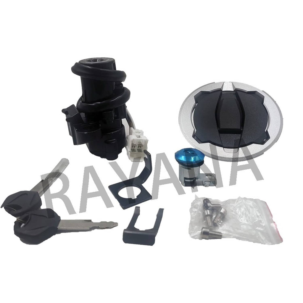 Ignition switch and gas cap components with keys, blue knob, and hardware