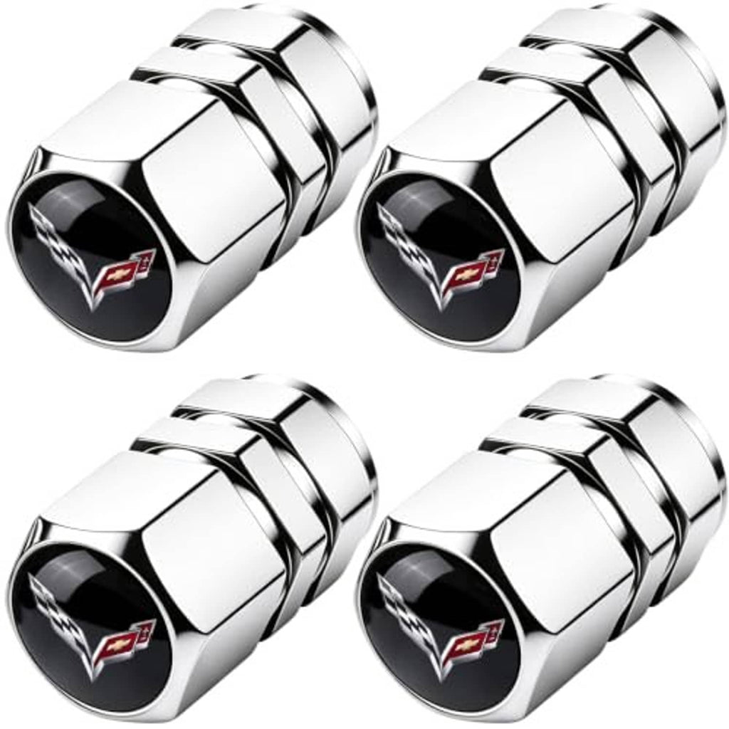 Four chrome valve stem caps with red-and-black Corvette-style logo panels