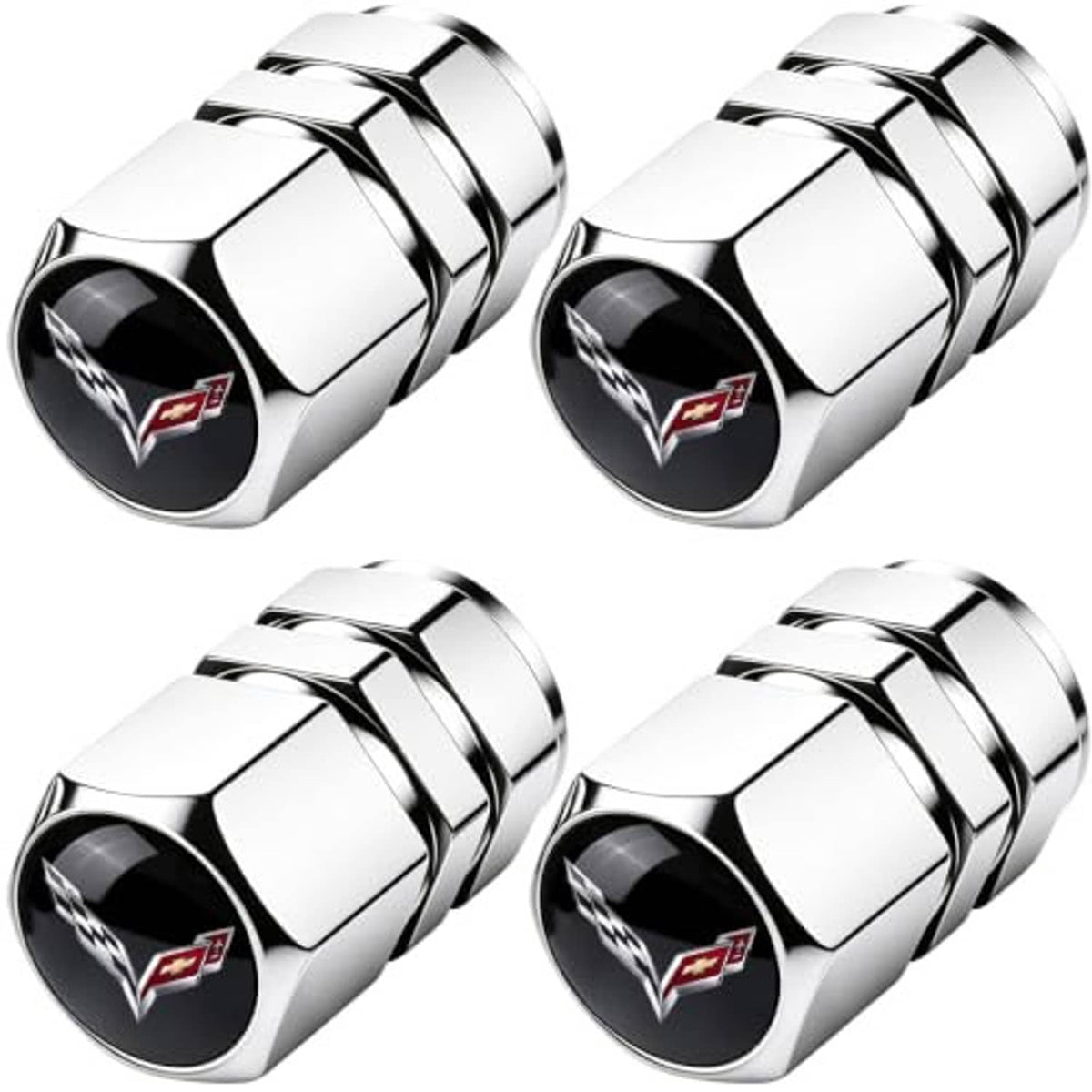 Four chrome valve stem caps with red-and-black Corvette-style logo panels