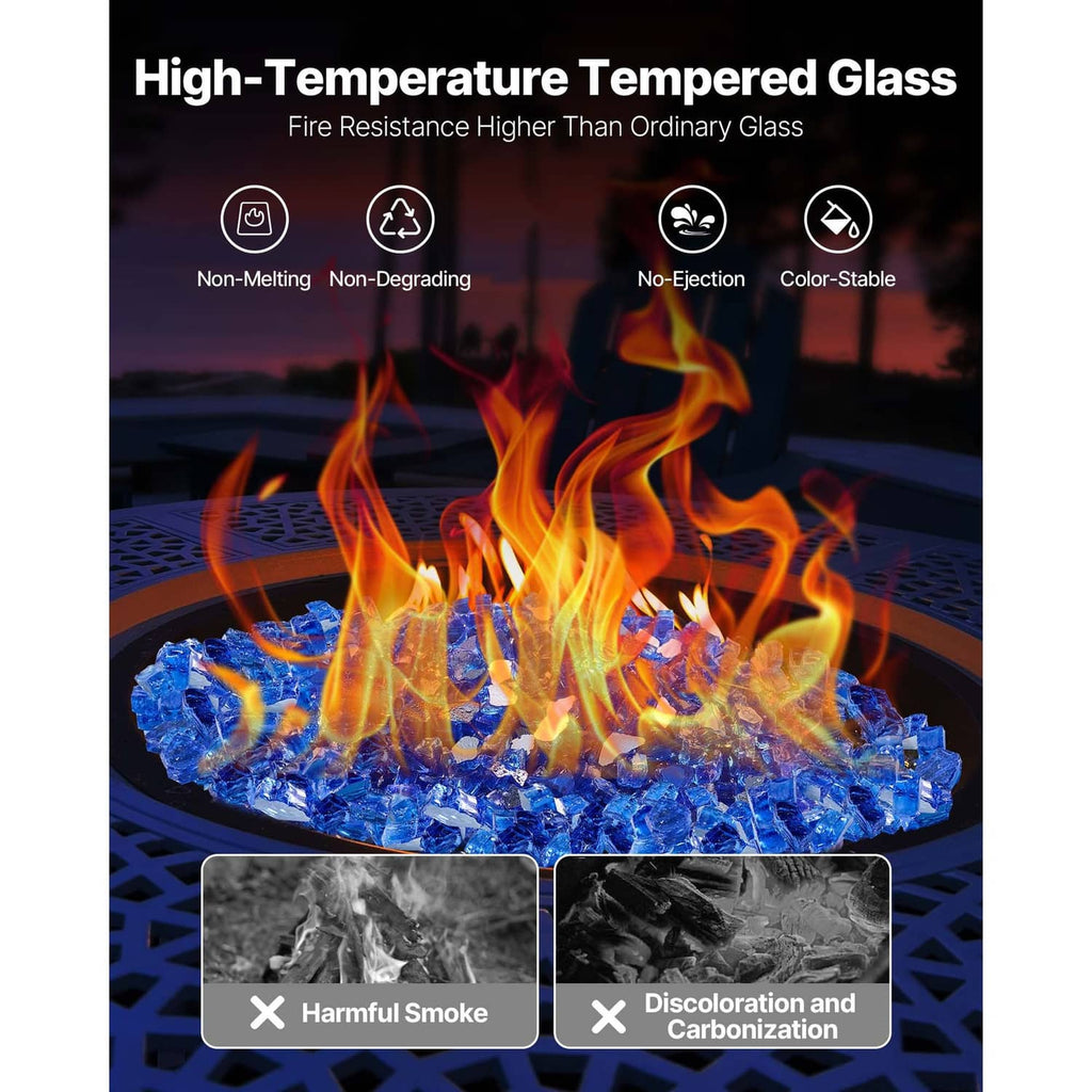 High-heat fire pit display with cobalt blue crushed glass rocks and flames