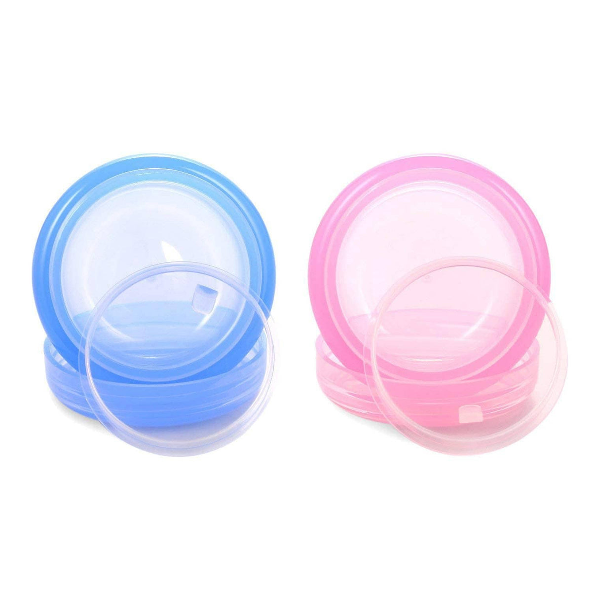 Two 1 oz plastic toiletry jars in blue and pink, lids open and stacked