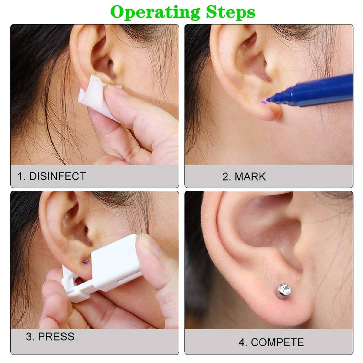 Ear piercing instruction steps with alcohol swab and marked ear