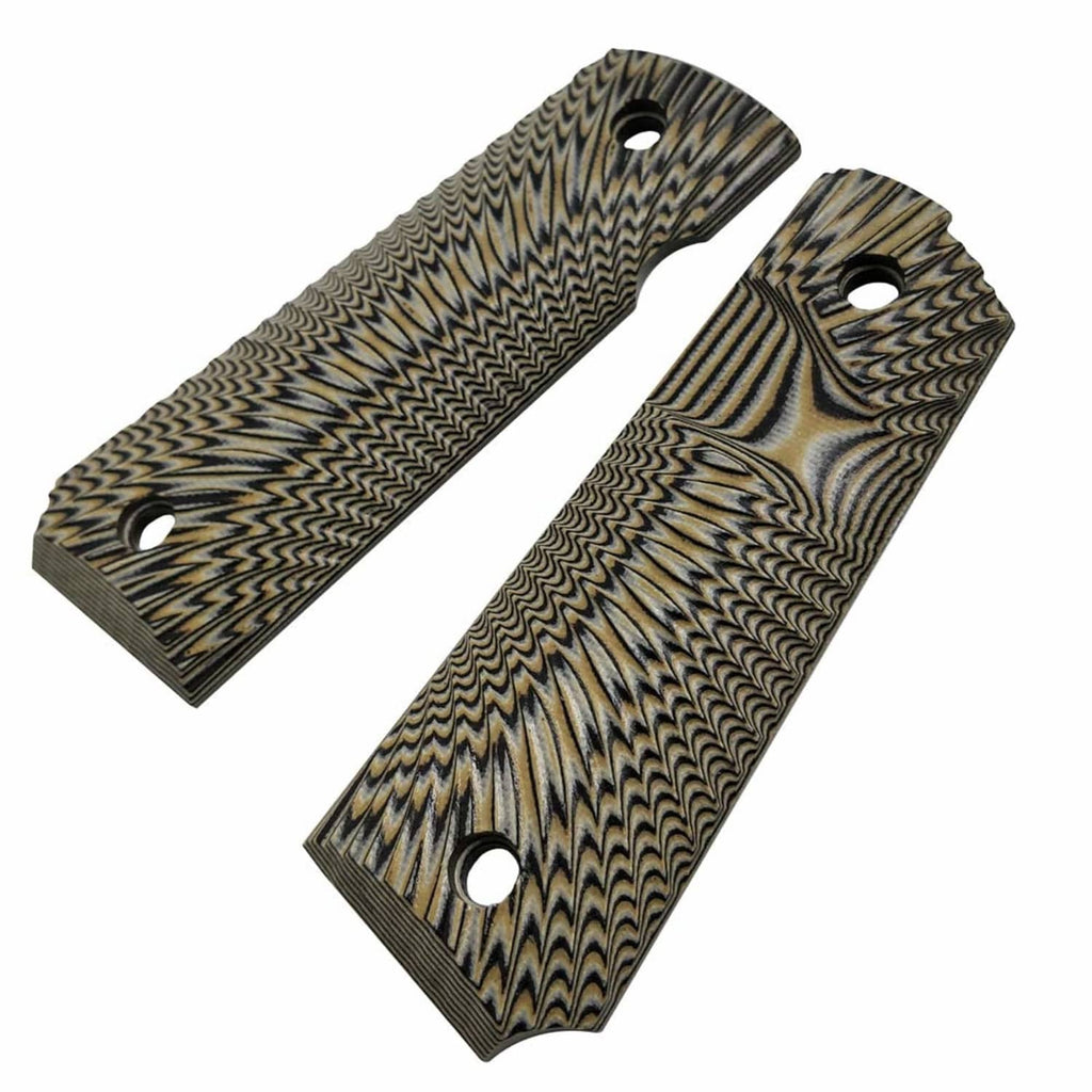 Two pistol grip panels, coyote tan wavy sunburst G10 with three mounting holes each