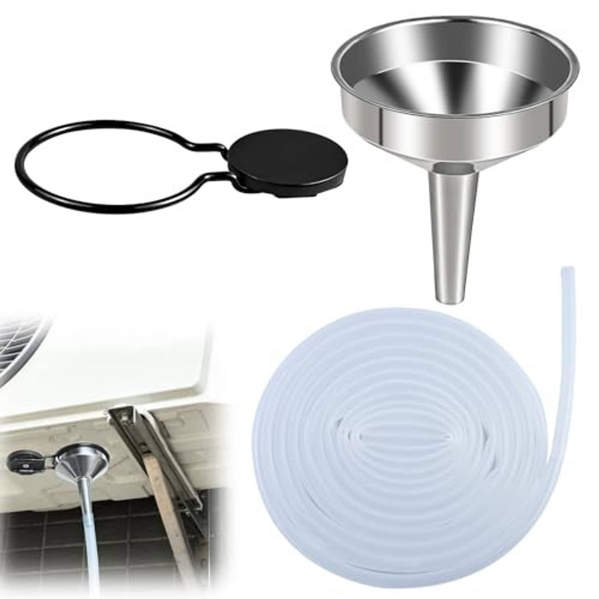 Magnetic condensate drain redirector kit with metal funnel, black magnet, coiled white drain hose