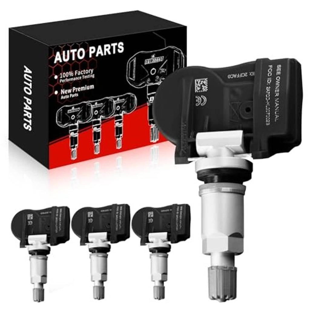 Pre-programmed TPMS sensors set, four black units with silver metal valve stems