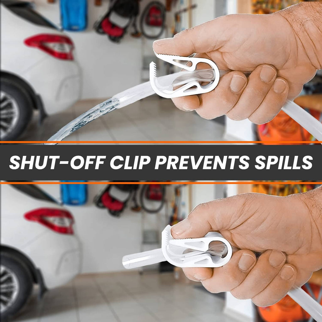 Hand-held siphon hose with white shut-off clip securing tubing