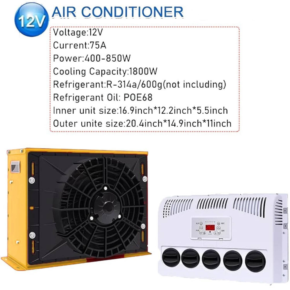 Yellow outdoor air conditioner unit and white indoor unit with multiple circular air outlets