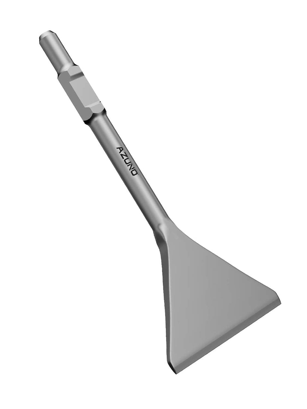 Wide thinset removal chisel bit with hex shank and wide triangular steel blade