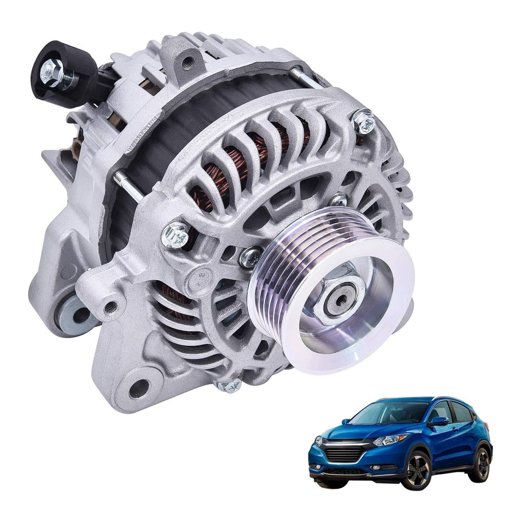 12V 95A alternator with vented fan housing and silver pulley, front angled view