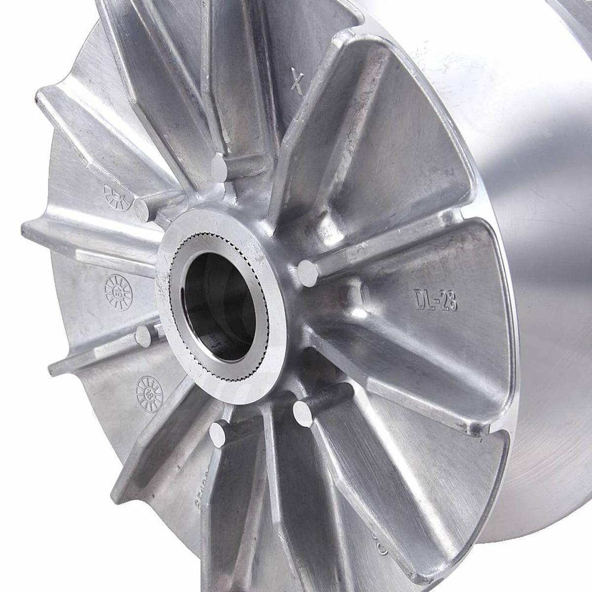Primary drive clutch assembly close-up of silver vented cover and center opening