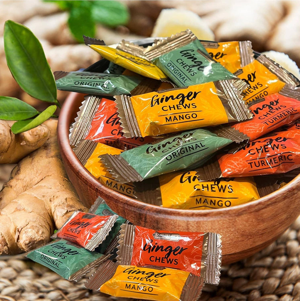 Assorted Ginger Chews packets in mango, original, and turmeric varieties
