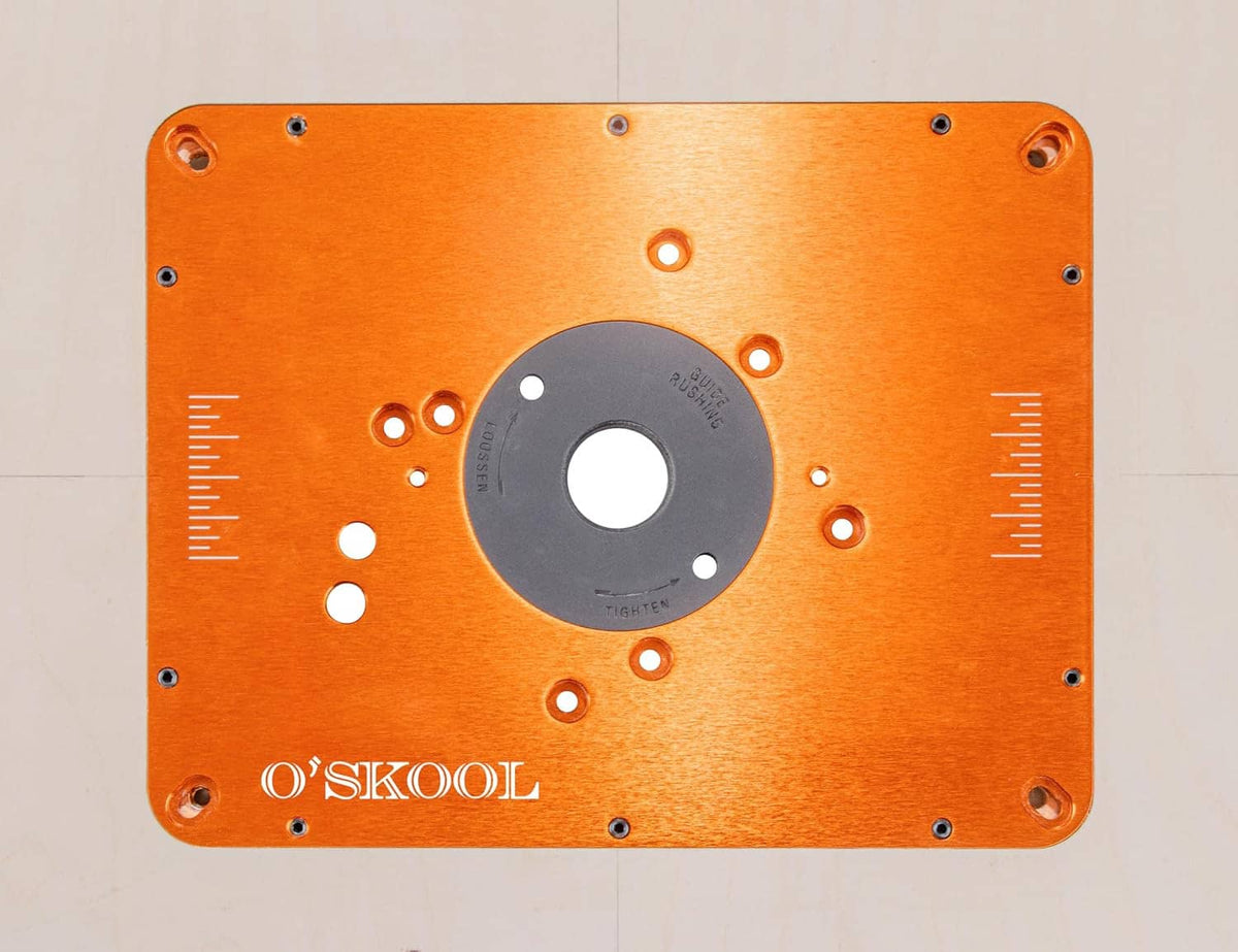 O'SKOOl router table insert plate with central hole and engraved measuring marks