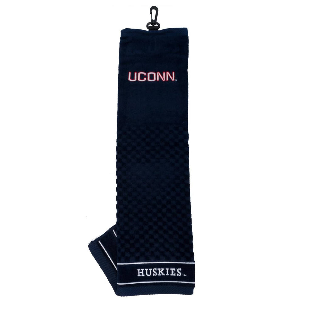 Navy embroidered golf towel with UCONN logo and HUSKIES label