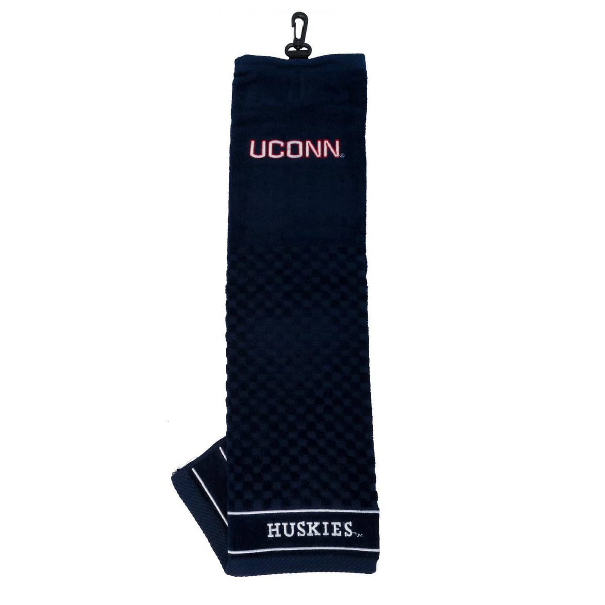 Navy embroidered golf towel with UCONN logo and HUSKIES label