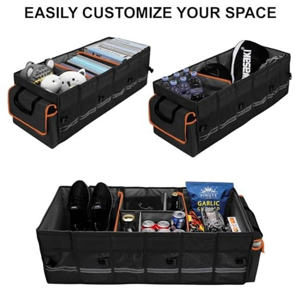 Black trunk storage organizer with hinged lid, orange piping, and interior dividers holding items