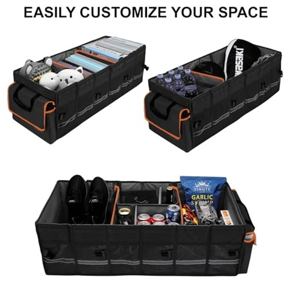 Black trunk storage organizer with hinged lid, orange piping, and interior dividers holding items