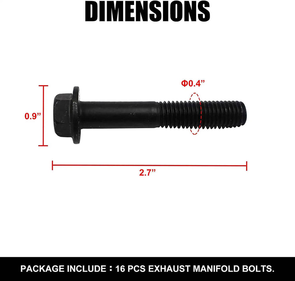 Exhaust manifold bolt with black hex head and threaded shank, shown with size diagram
