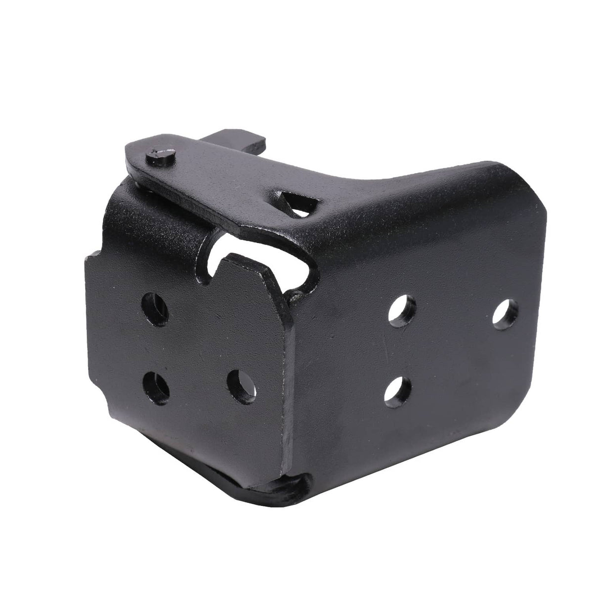 Black steel door hinge with offset mounting plates and pivot point, driver side set