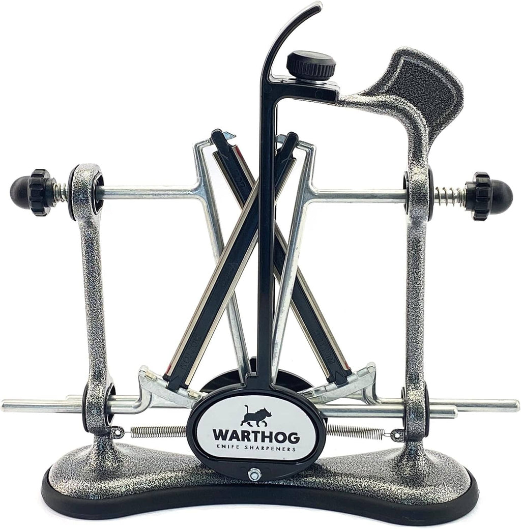 Warthog V-shaped knife sharpener with metal frame, clamps, and diamond rods