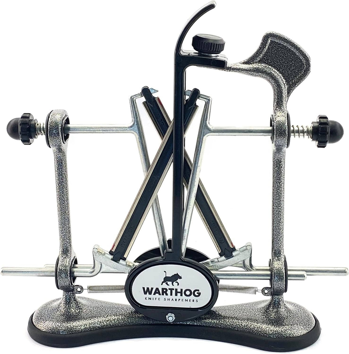 Warthog V-shaped knife sharpener with metal frame, clamps, and diamond rods