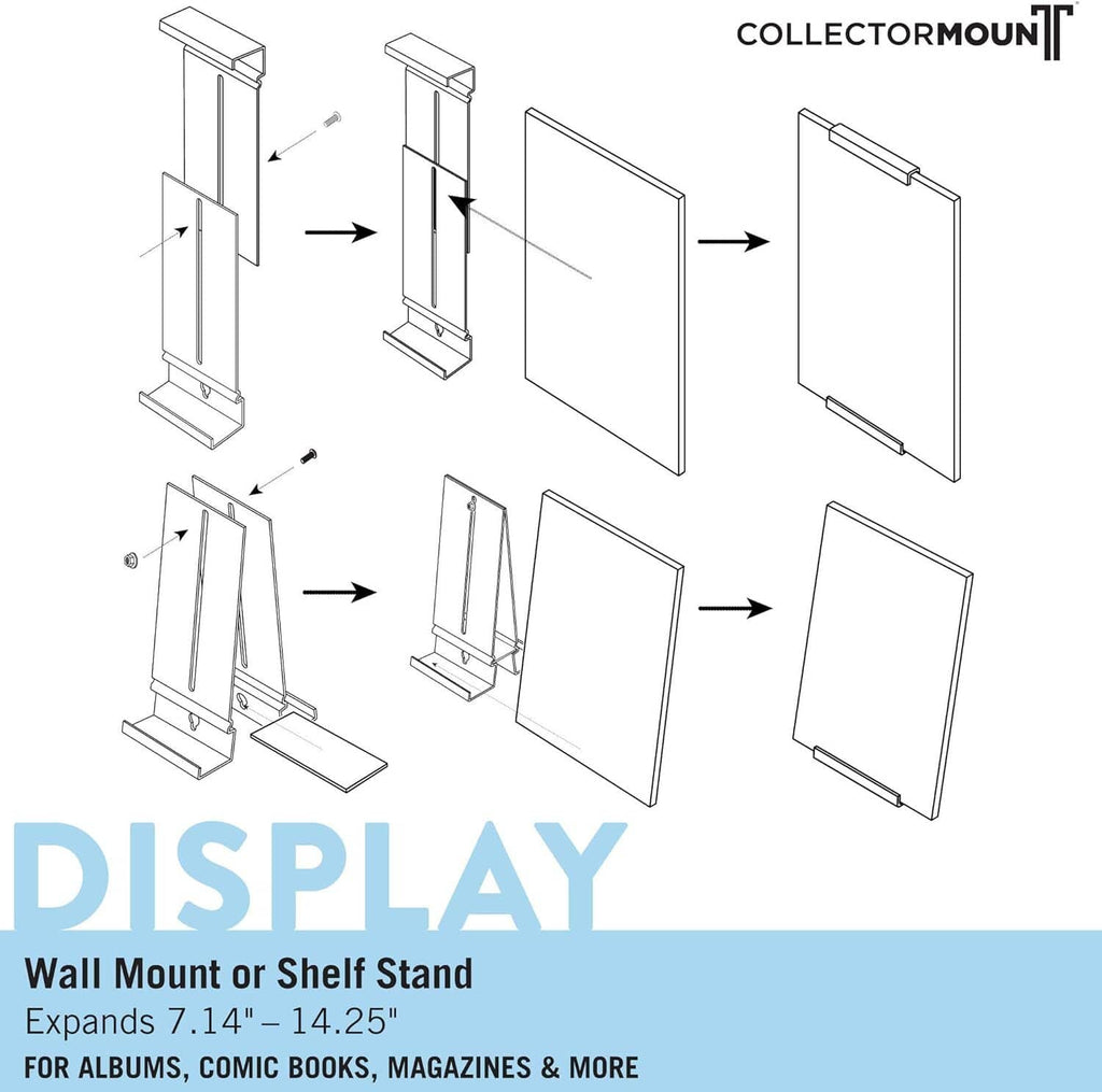Illustrated setup of a clear wall-mount album display bracket and base