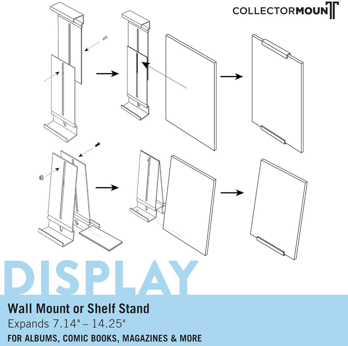 Illustrated setup of a clear wall-mount album display bracket and base