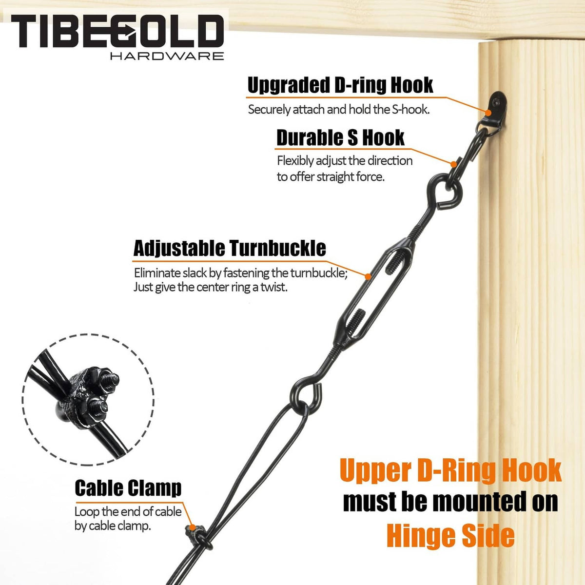 Black adjustable turnbuckle and D-ring hooks with cable clamp for gate anti-sag support