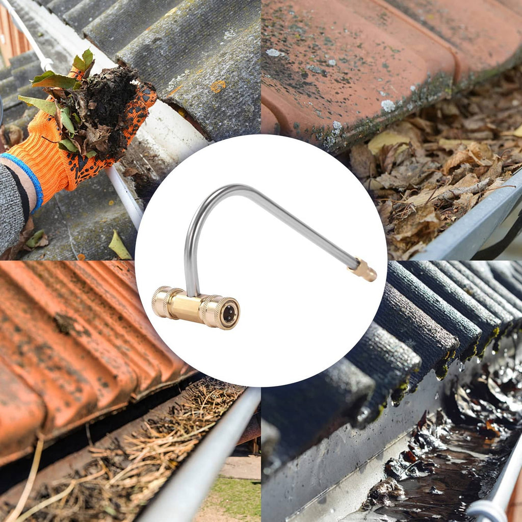 Gutter cleaner attachment used on roof gutters, curved wand with brass connector head