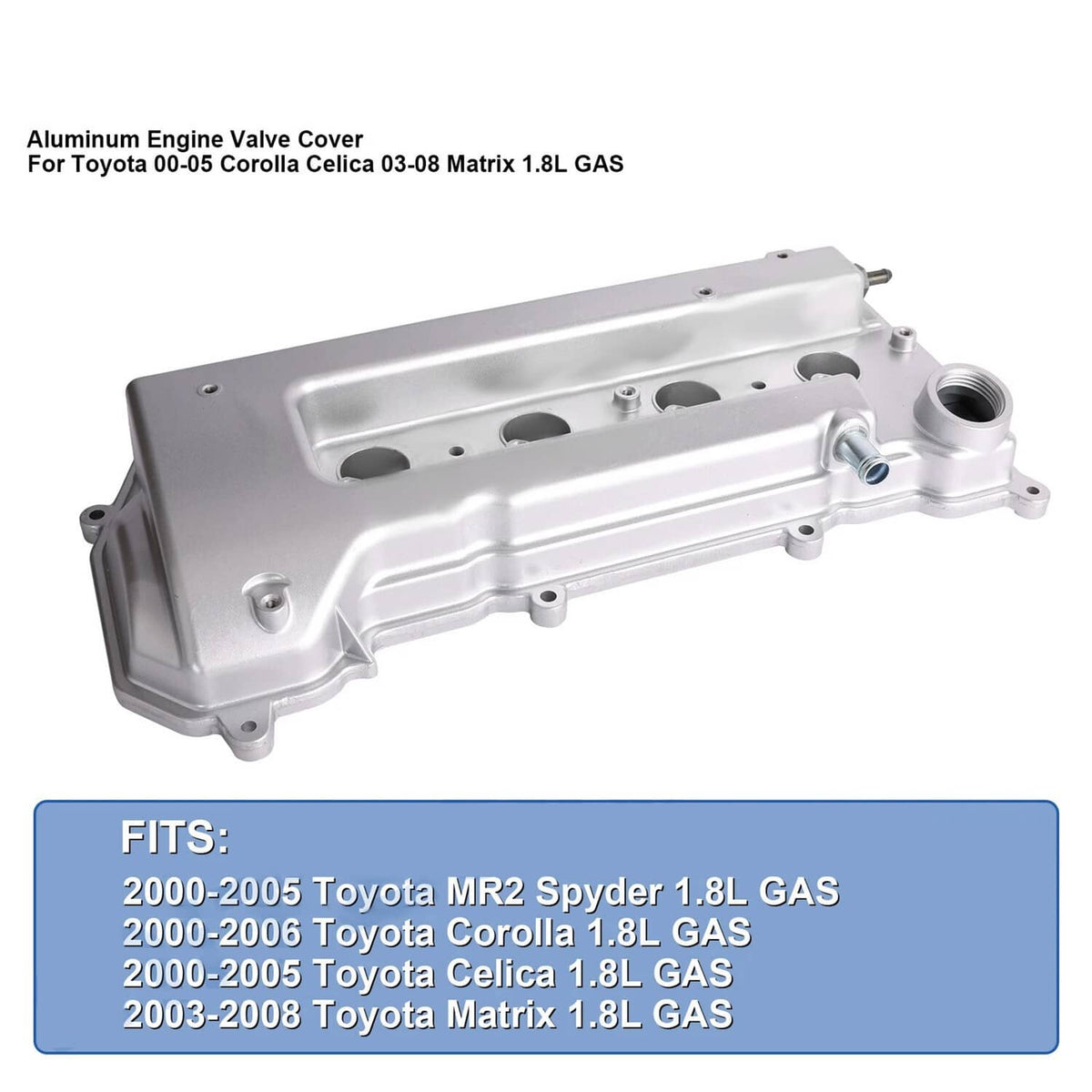 Aluminum valve cover with gasket, front angle view with threaded outlet and bolt holes
