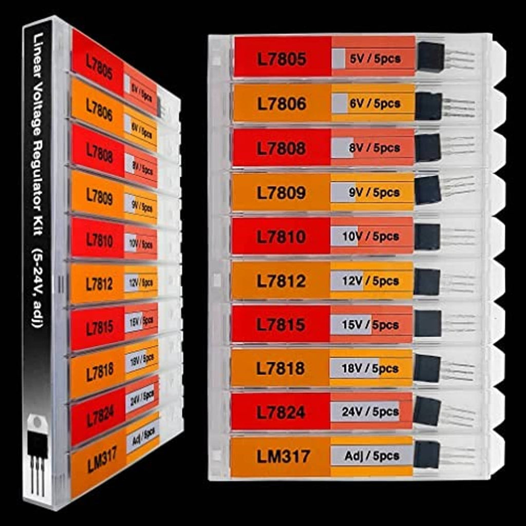 Voltage regulator kit box showing L7805–L7824 and LM317 with qty labels
