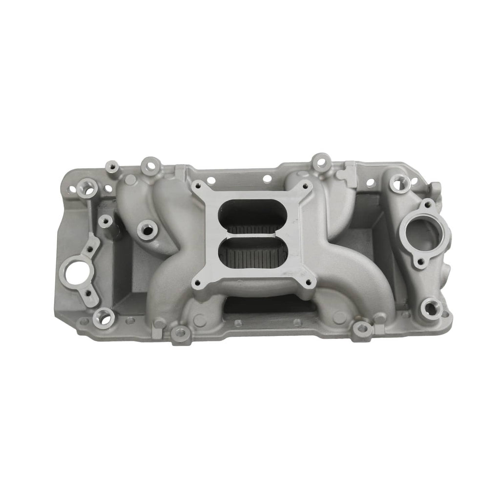 Dual plane intake manifold, side view with two openings and bolted mounting flanges