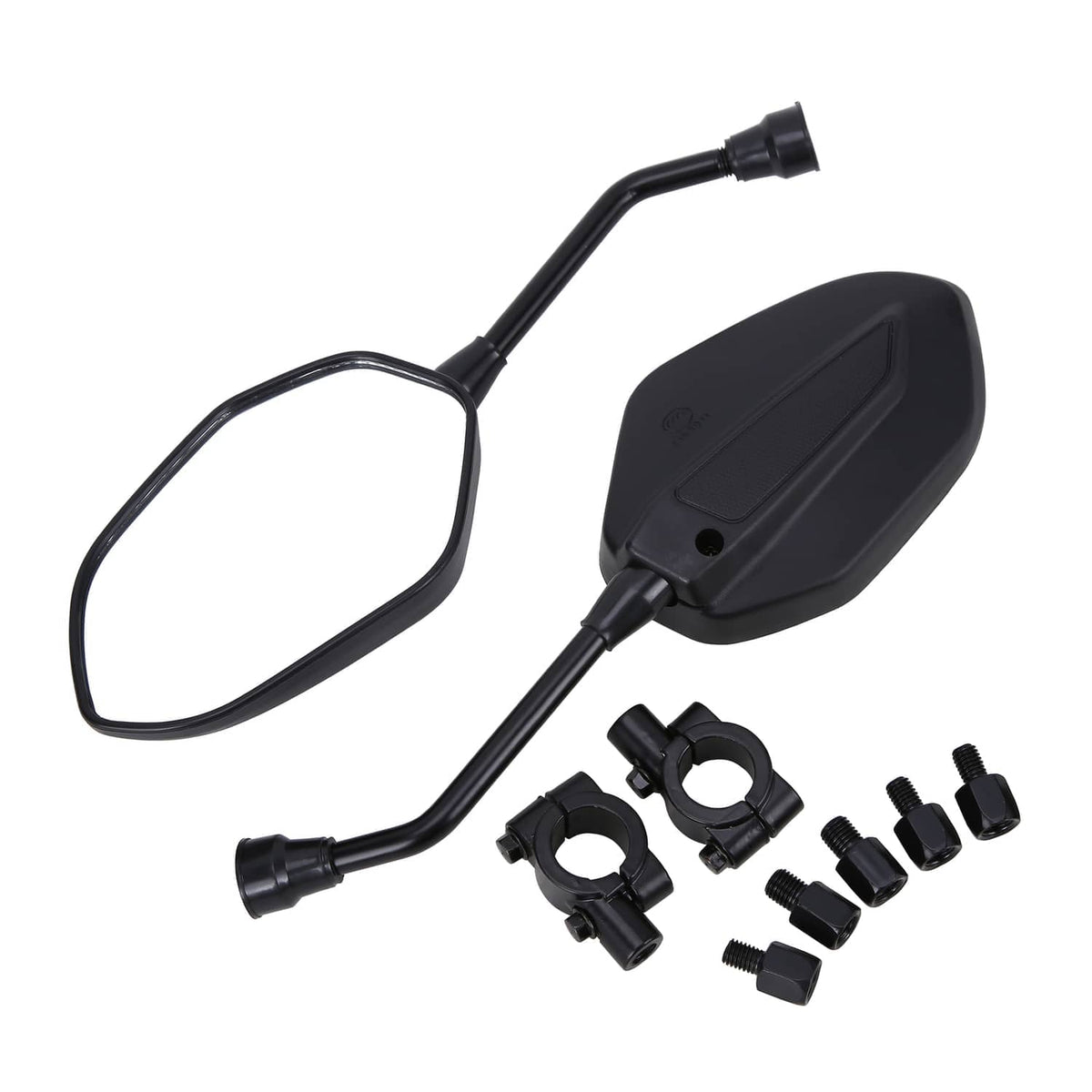 ATV side mirror set with black housings, clamps, bolts, and spacers