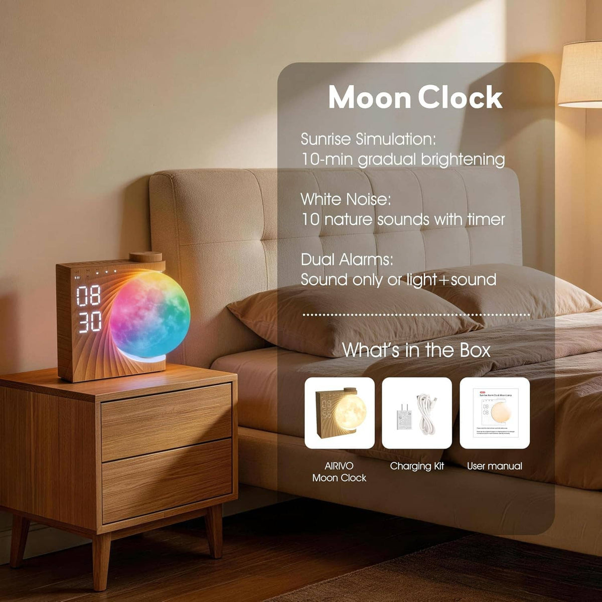 Moon clock on bedside table with rainbow moon light and wood base