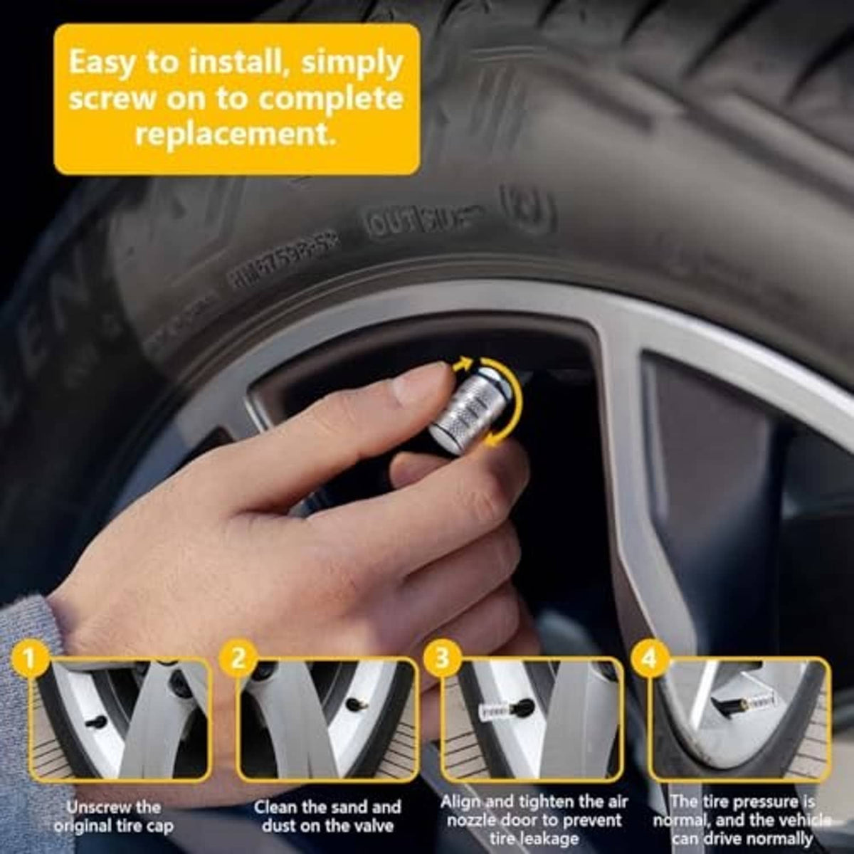 Silver tire valve stem cap cover to screw onto a vehicle tire valve
