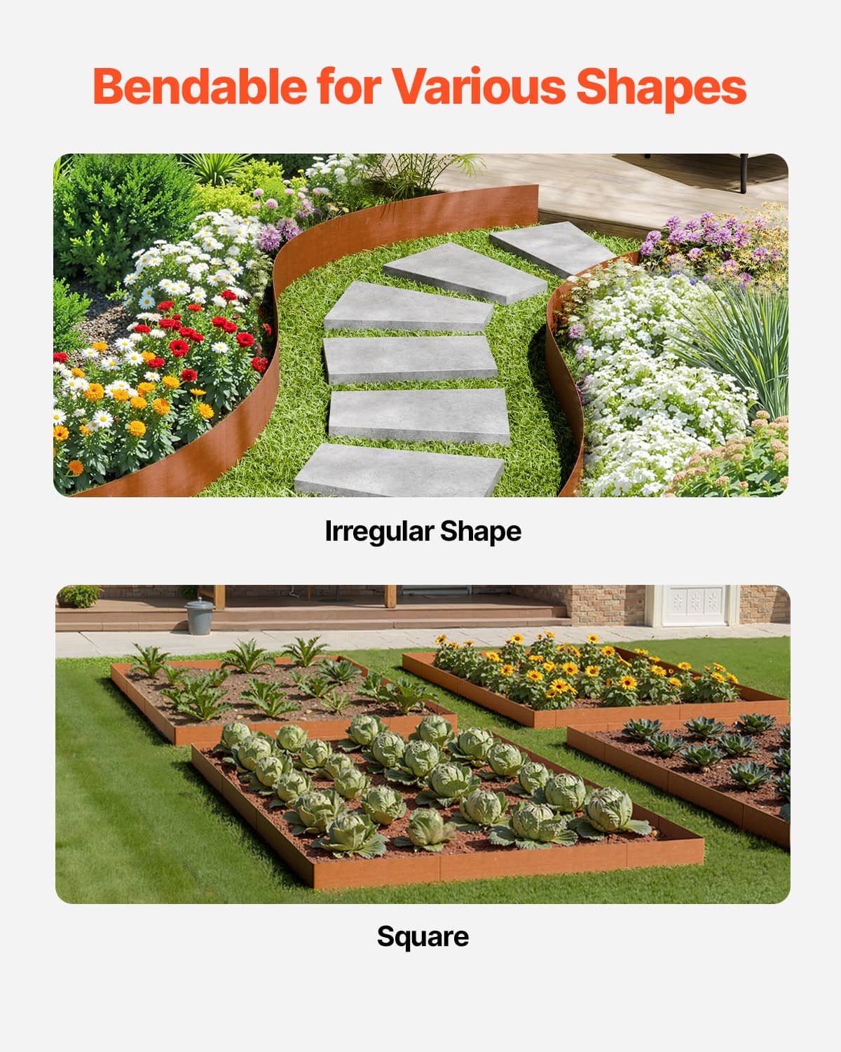 Rust-brown steel yard edging border with pointed spikes for curved and square borders